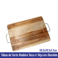 Tabua de Corte Carne Churrasco em Madeira TECA c/ Alca Pegador em Aluminio (38,5x28,5x1,7cm) - 143074