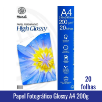 Papel Fotográfico GLOSSY A4 (BRILHANTE) 200g - Pacote c/ 20 folhas - REF. 33113