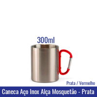 Caneca AÇO INOX 300 ml Alça Mosquetão - PRATA (alça vermelha) - Ref. 92321 Sublimação