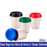 Copo de CAFE BEGE em Fibra de Arroz c/ Tampa - 350ml - REF. 1399 Tampas disponiveis nas cores: preta, azul, vermelha e verde